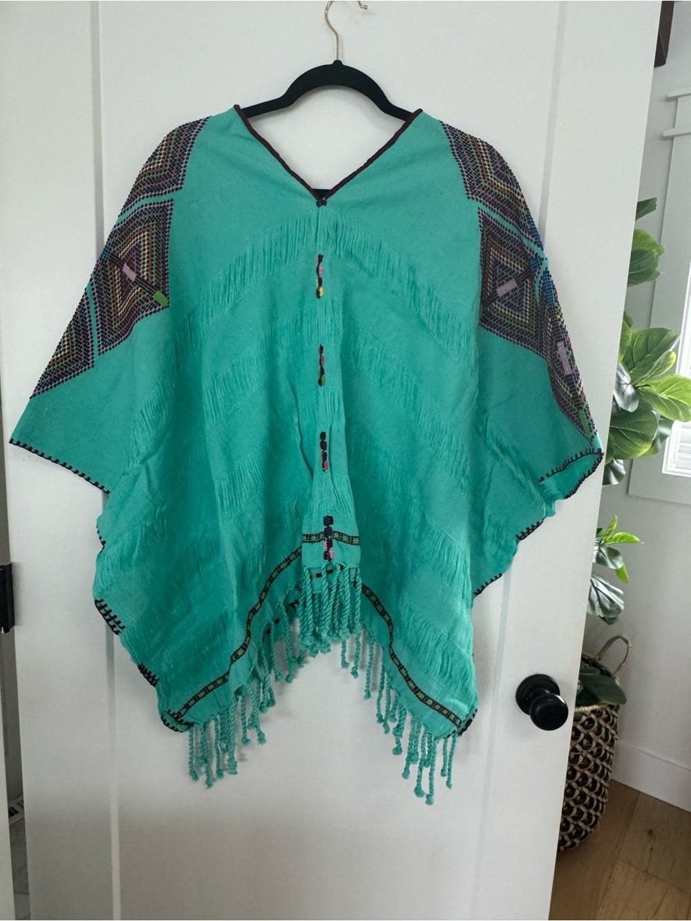 Turquoise Fringe Poncho Sweater - Women's Lightweight Layer